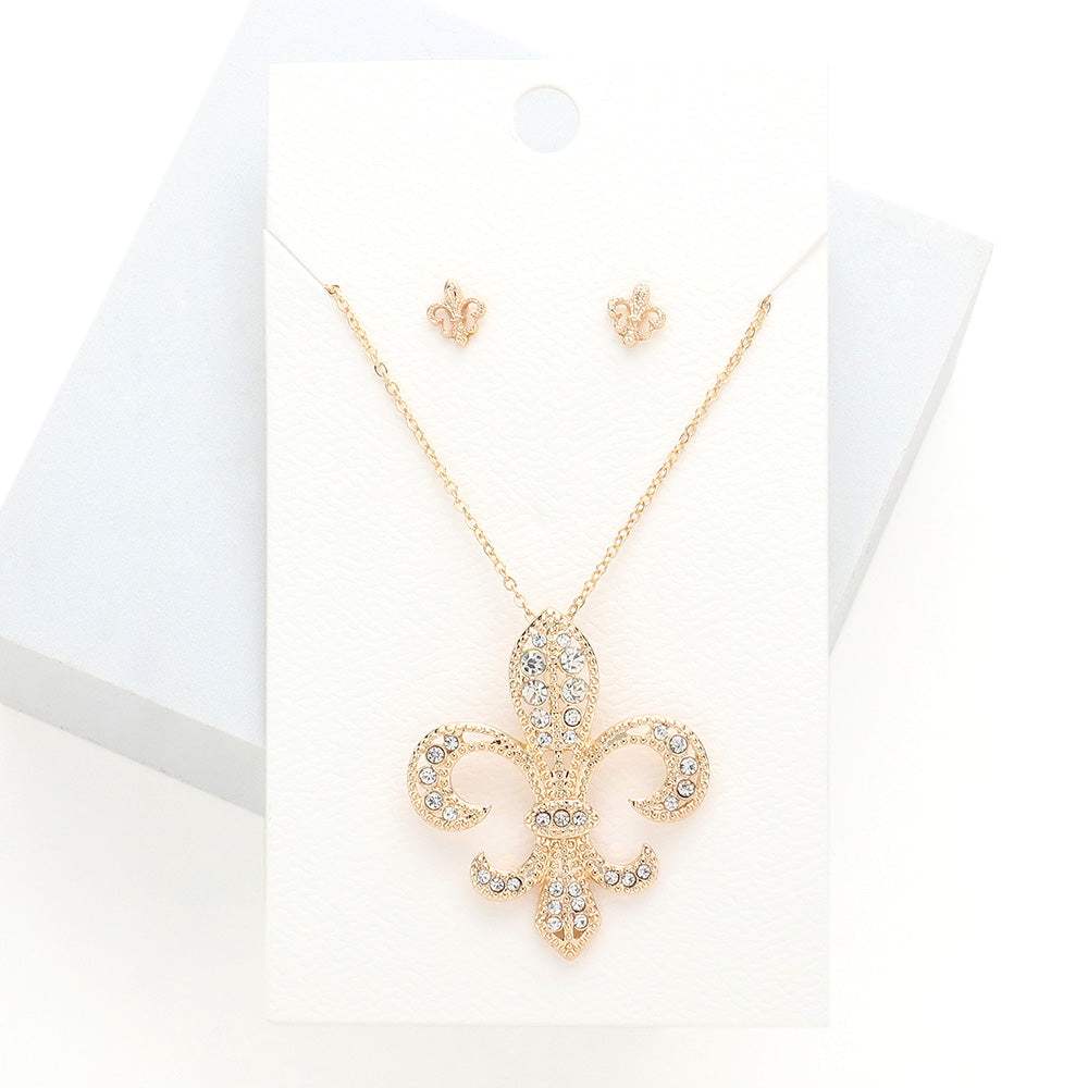 Rhinestone Embellished Fleur de Lis Pendant Necklace - Madeline Love - Flyclothing LLC