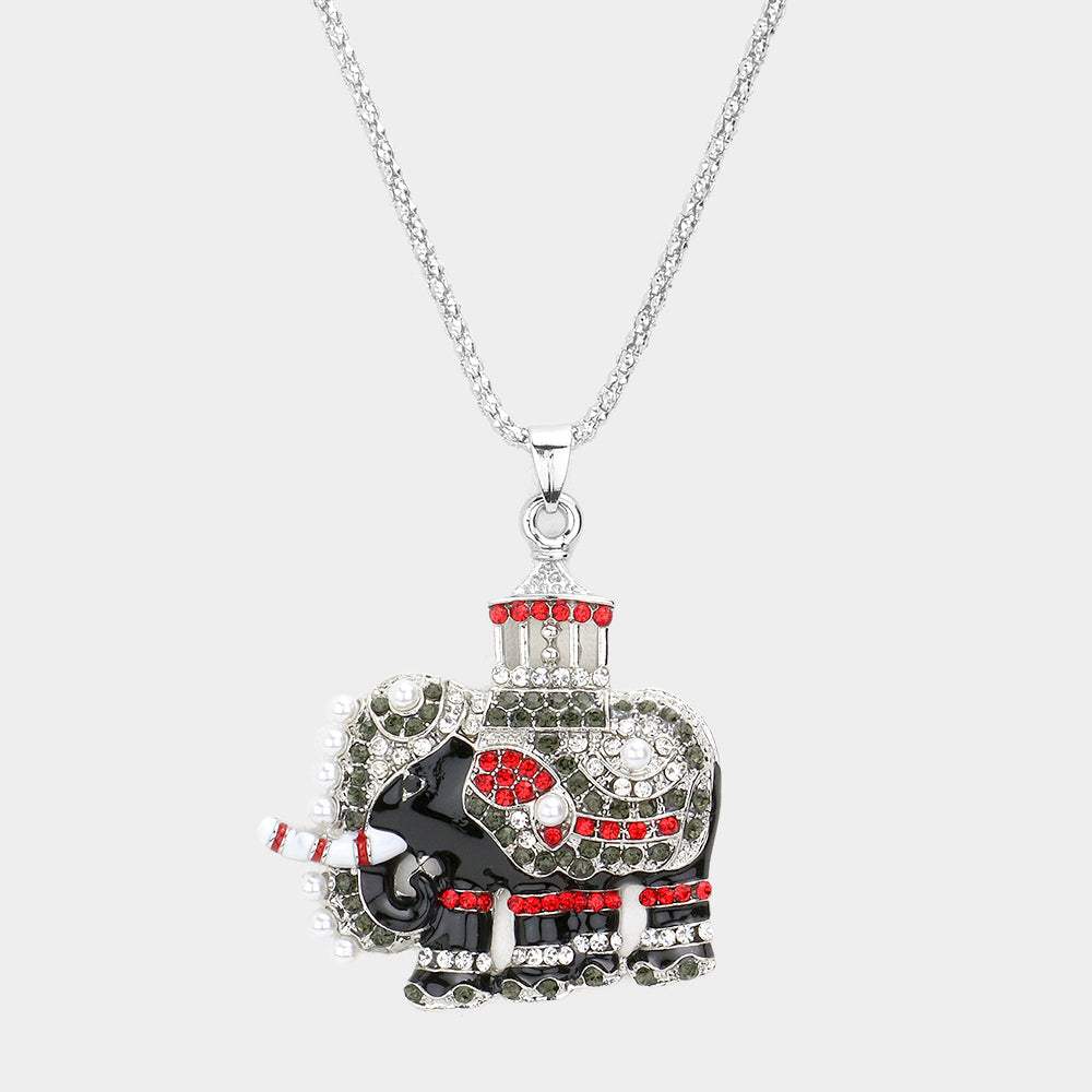 Pave Glass Crystal Pearl Accented ELEPHANT Pendant Necklace - Madeline Love - Flyclothing LLC
