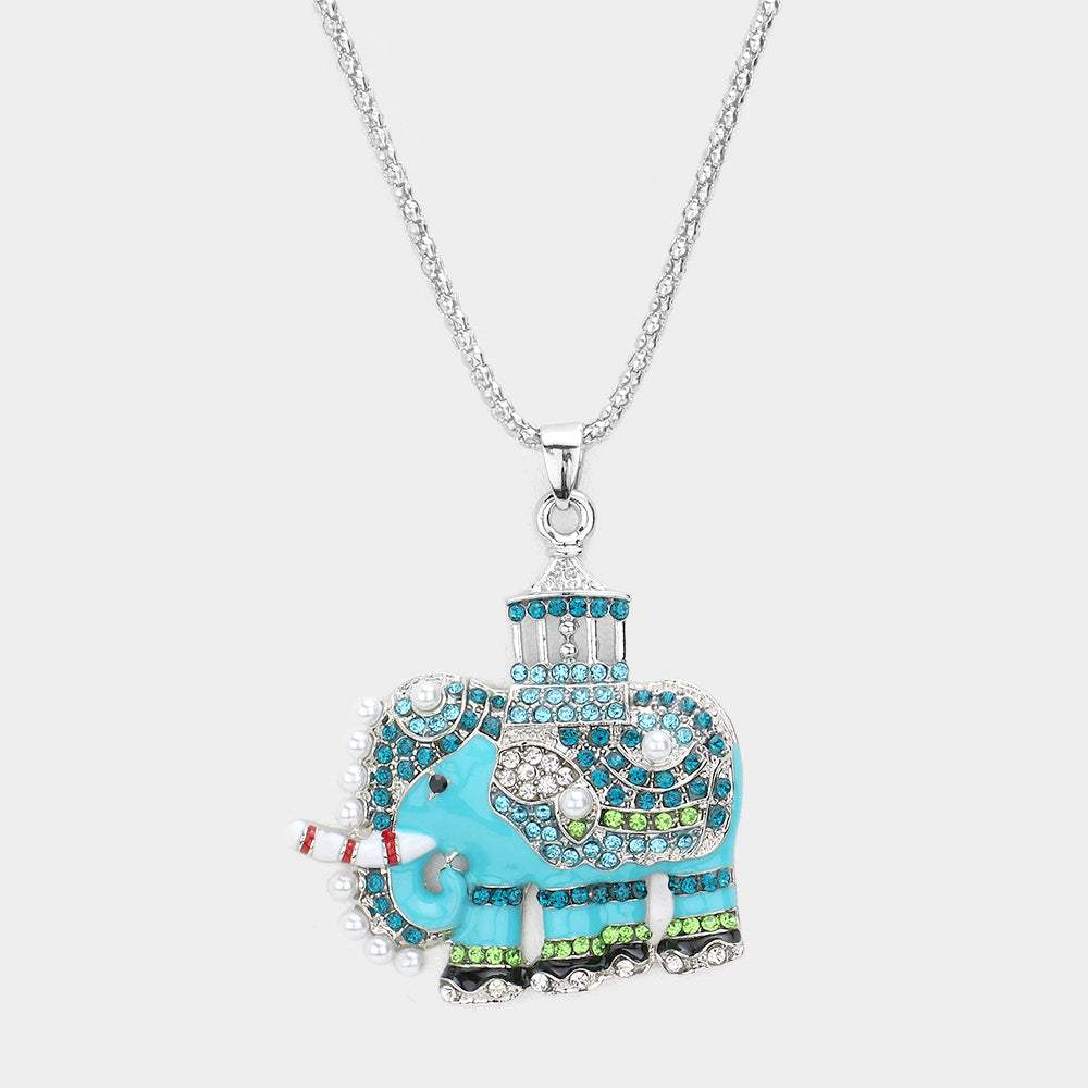 Pave Glass Crystal Pearl Accented ELEPHANT Pendant Necklace - Madeline Love - Flyclothing LLC