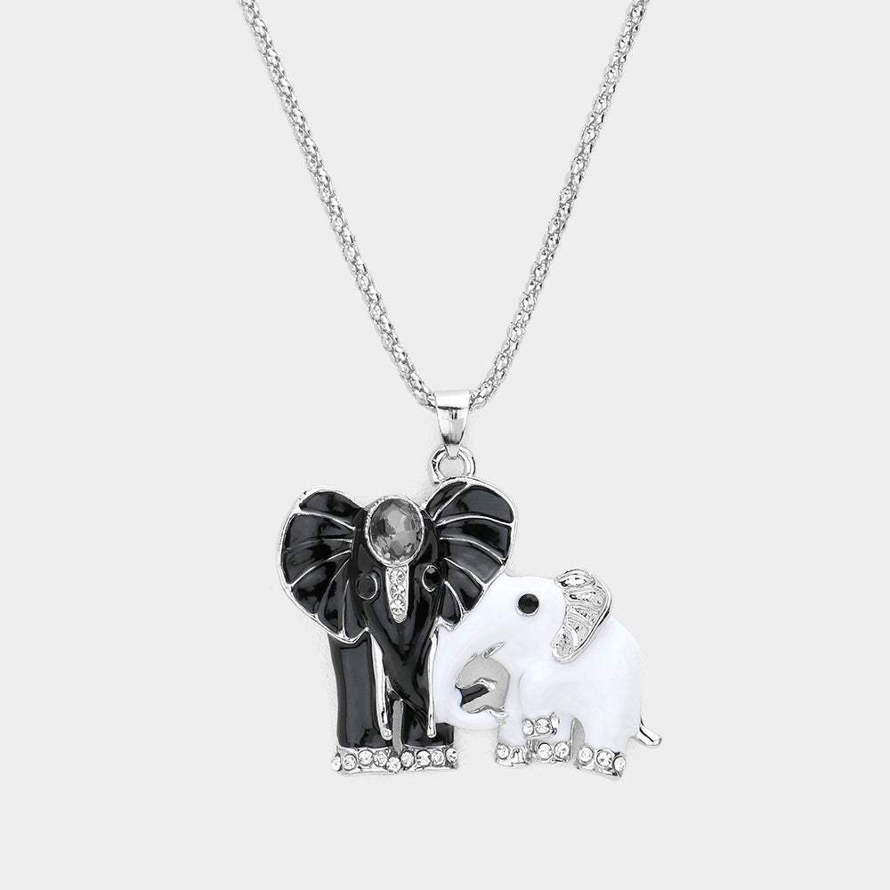 Oval Stone Accented Enamel Elephant Pendant Necklace - Madeline Love - Flyclothing LLC