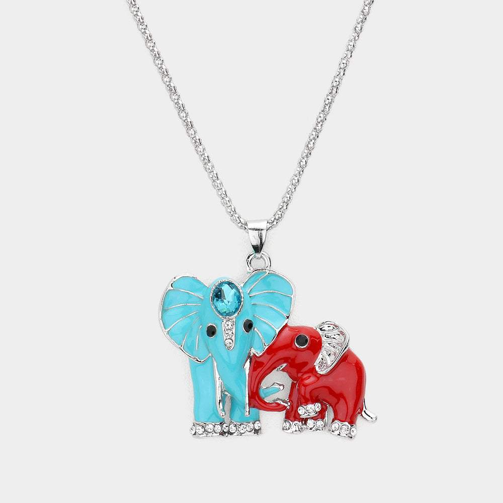 Oval Stone Accented Enamel Elephant Pendant Necklace - Madeline Love - Flyclothing LLC