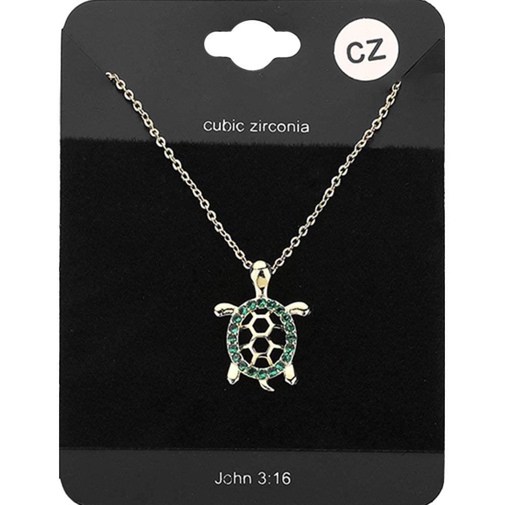 CZ Embellished Metal Turtle Pendant Necklace - Madeline Love - Flyclothing LLC