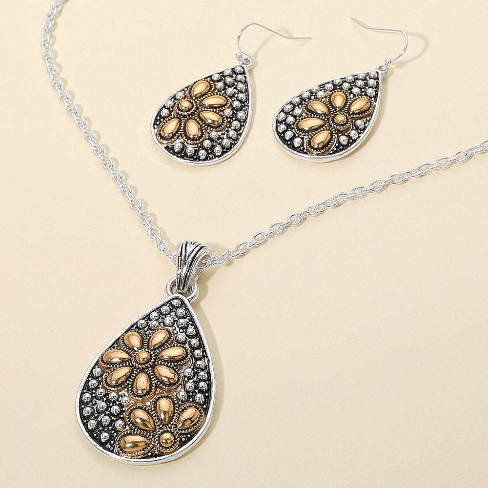 Embossed Floral Pattern Textured Metal Teardrop Pendant Necklace - Madeline Love - Flyclothing LLC
