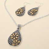 Embossed Floral Pattern Textured Metal Teardrop Pendant Necklace - Madeline Love - Flyclothing LLC