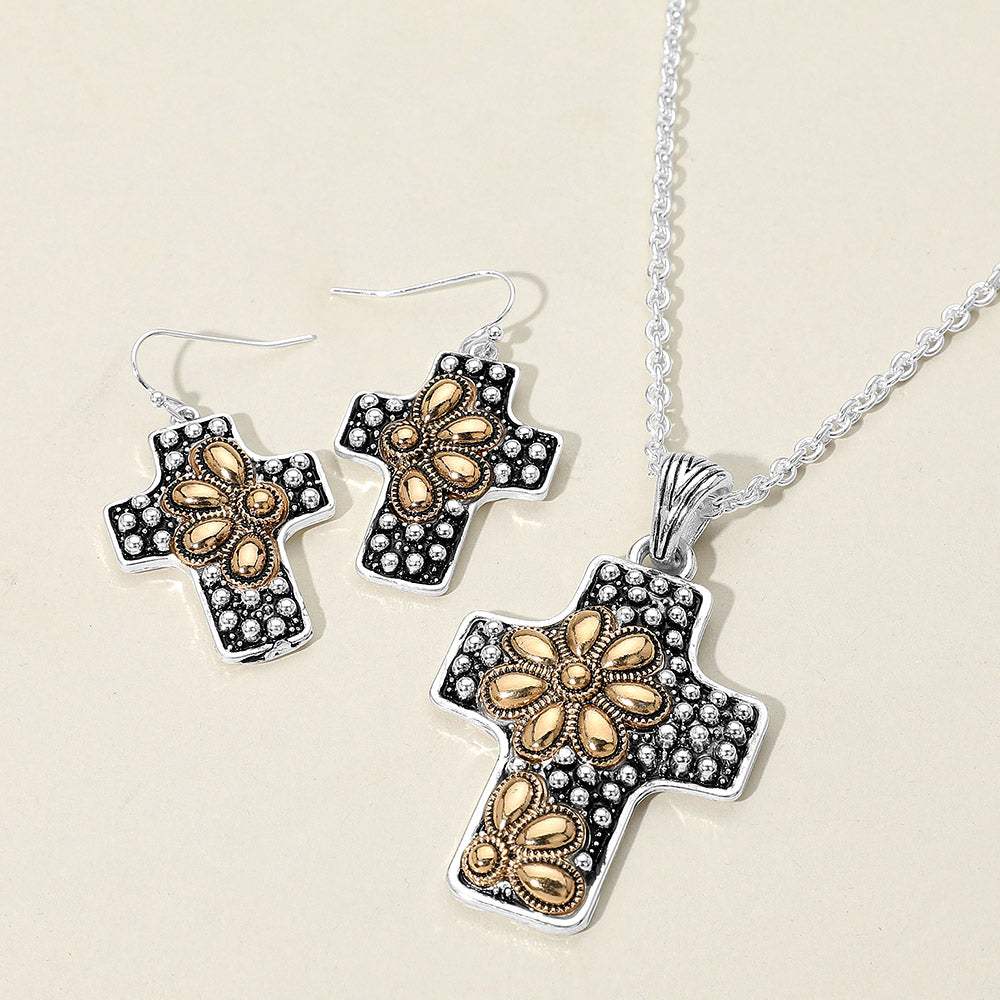 Embossed Floral Pattern Textured Metal Cross Pendant Necklace - Madeline Love - Flyclothing LLC