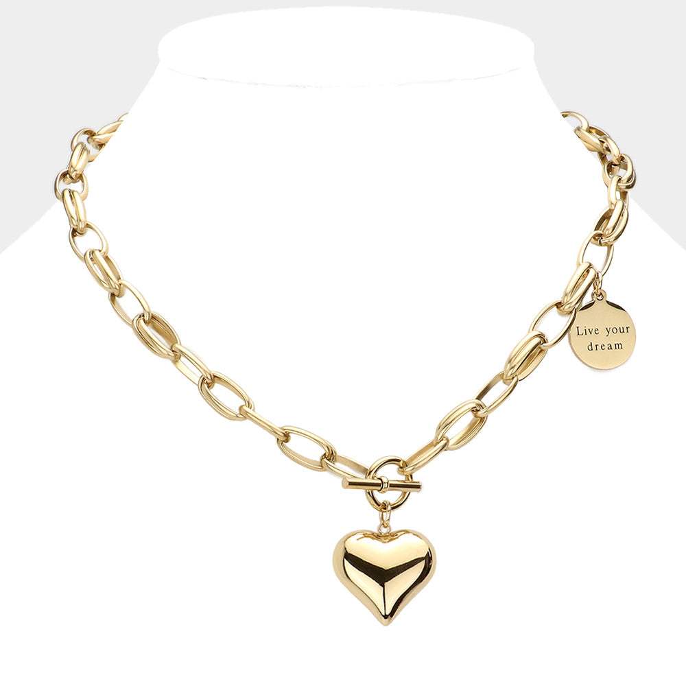 Metal Heart Pendant Live Your Dream Message Charm Chain Toggle Necklace - Madeline Love - Flyclothing LLC
