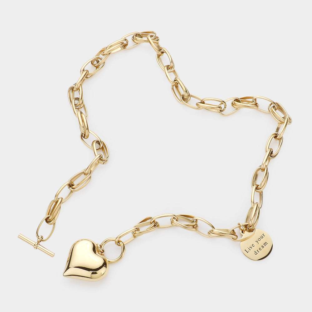 Metal Heart Pendant Live Your Dream Message Charm Chain Toggle Necklace - Madeline Love - Flyclothing LLC