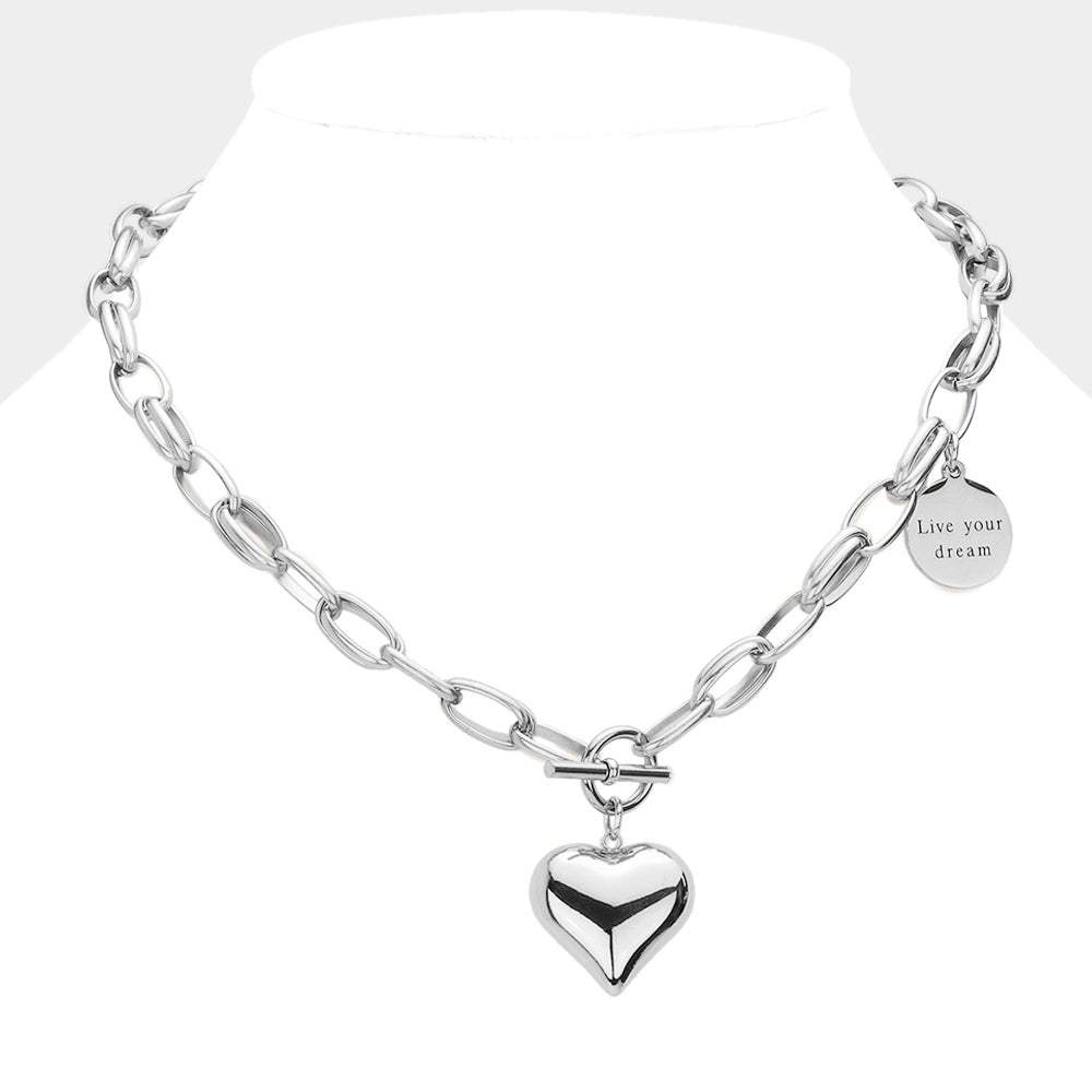 Metal Heart Pendant Live Your Dream Message Charm Chain Toggle Necklace - Madeline Love - Flyclothing LLC