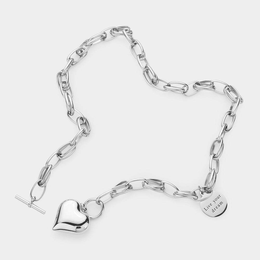 Metal Heart Pendant Live Your Dream Message Charm Chain Toggle Necklace - Madeline Love - Flyclothing LLC