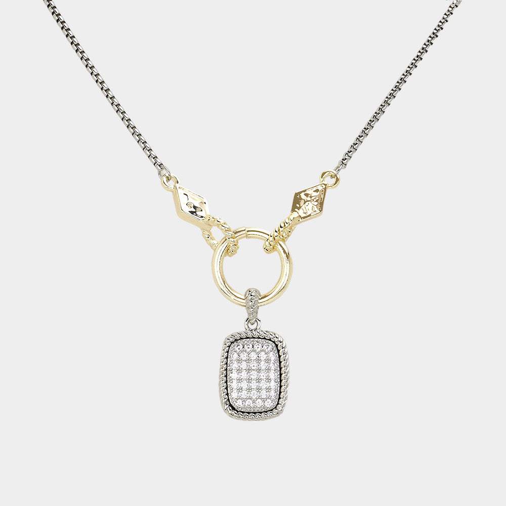14K Gold Plated Two Tone CZ Stone Paved Rectangle Pendant Necklace - Madeline Love - Flyclothing LLC