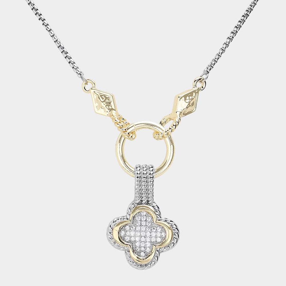 14K Gold Plated Two Tone CZ Stone Paved Quatrefoil Pendant Necklace - Madeline Love - Flyclothing LLC