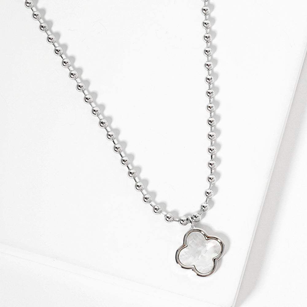 White Gold Dipped Mother Of Pearl Quatrefoil Pendant Bubble Chain Necklace - Madeline Love - Flyclothing LLC