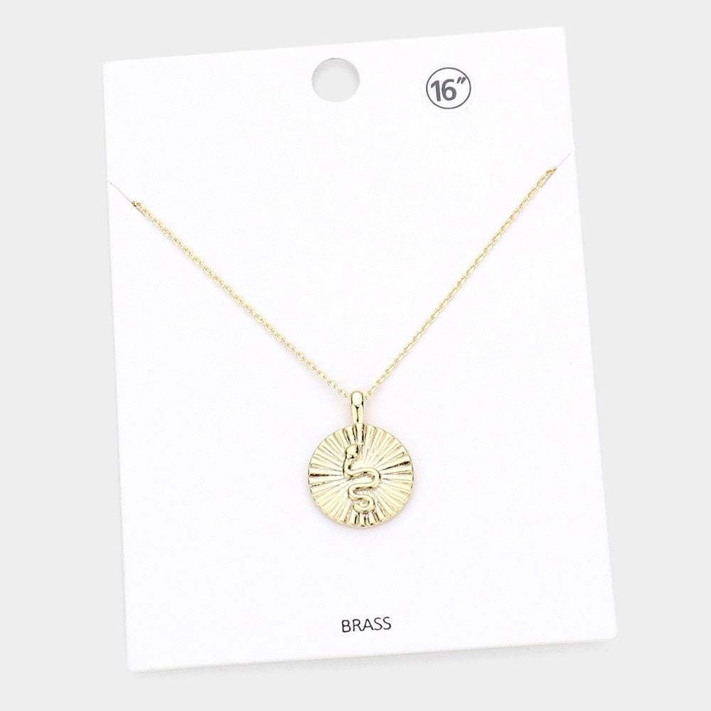 Snake Accented Textured Brass Metal Round Pendant Necklace - Madeline Love - Flyclothing LLC