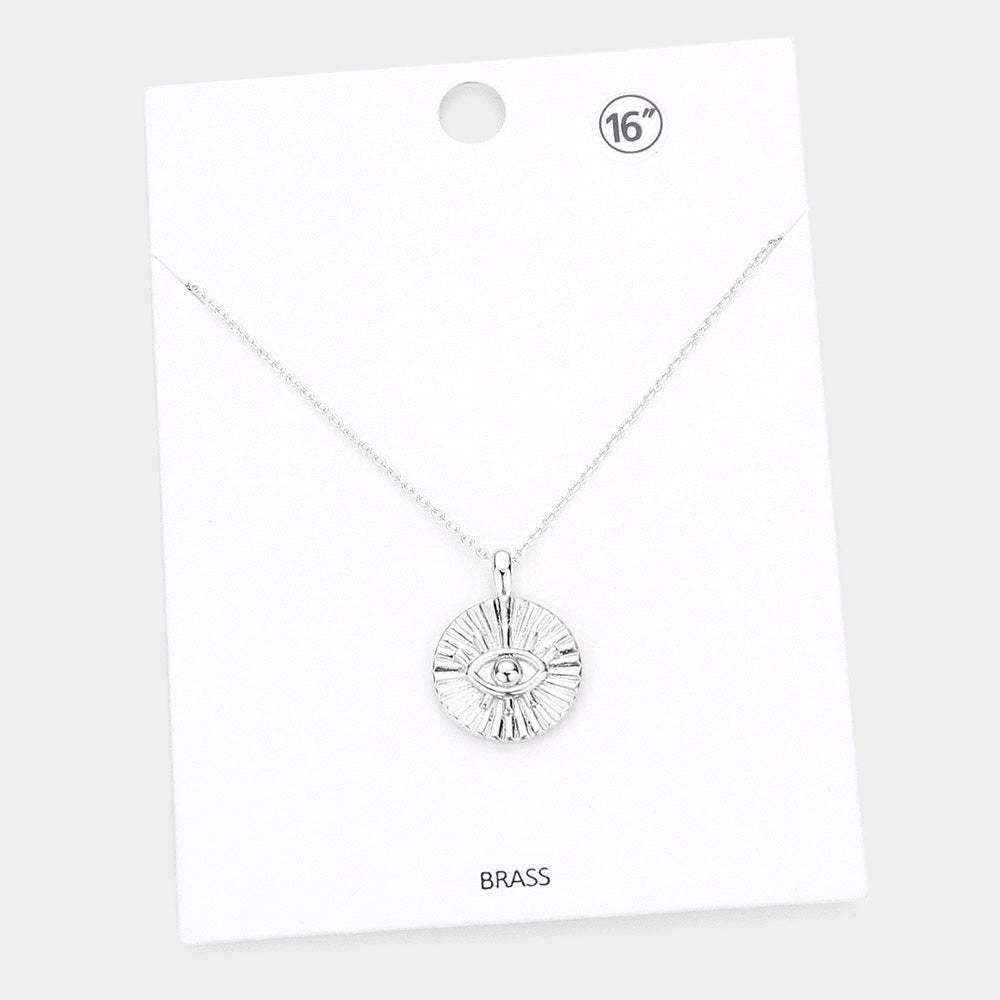 Evil Eye Accented Textured Brass Metal Round Pendant Necklace - Madeline Love - Flyclothing LLC