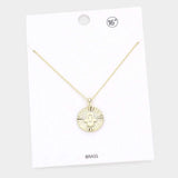 Hamsa Hand Evil Eye Accented Textured Brass Metal Round Pendant Necklace - Madeline Love - Flyclothing LLC