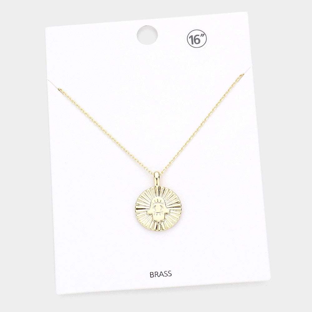 Hamsa Hand Evil Eye Accented Textured Brass Metal Round Pendant Necklace - Madeline Love - Flyclothing LLC