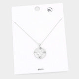 Hamsa Hand Evil Eye Accented Textured Brass Metal Round Pendant Necklace - Madeline Love - Flyclothing LLC