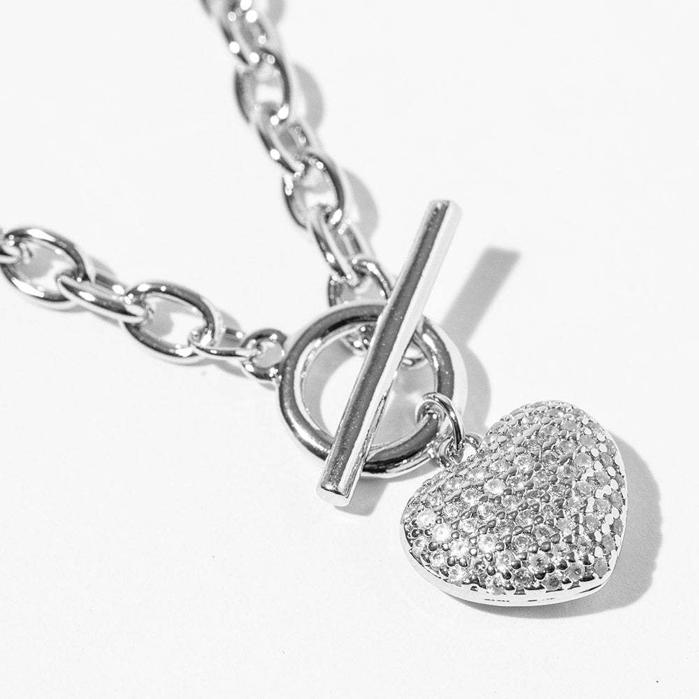 White Gold Dipped Chunky Chain CZ Stone Paved Puff Heart Toggle Pendant Necklace - Madeline Love - Flyclothing LLC