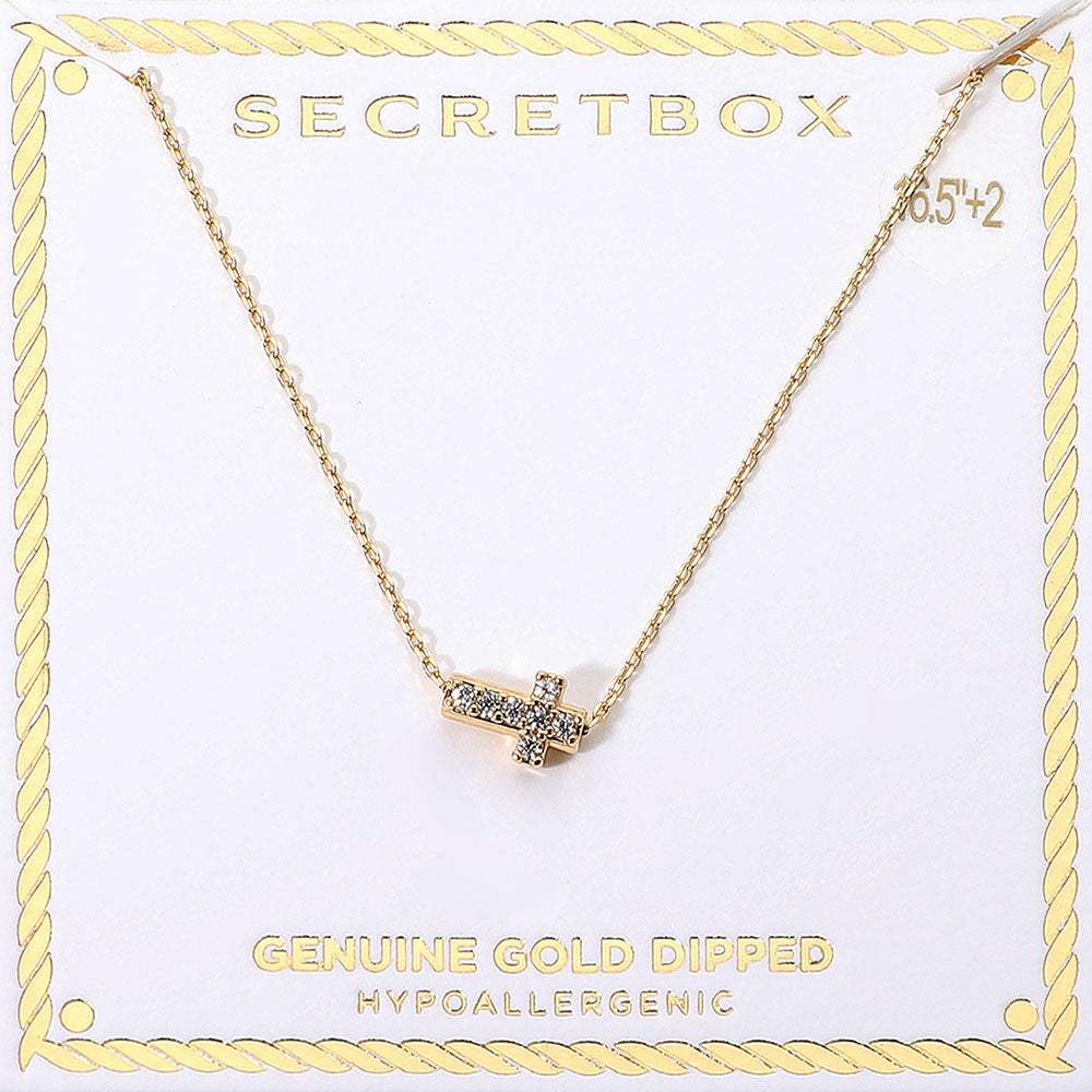 SECRET BOX_Genuine Gold Dipped Hypoallergenic Stone Paved Cross Pendant Necklace - Madeline Love - Flyclothing LLC
