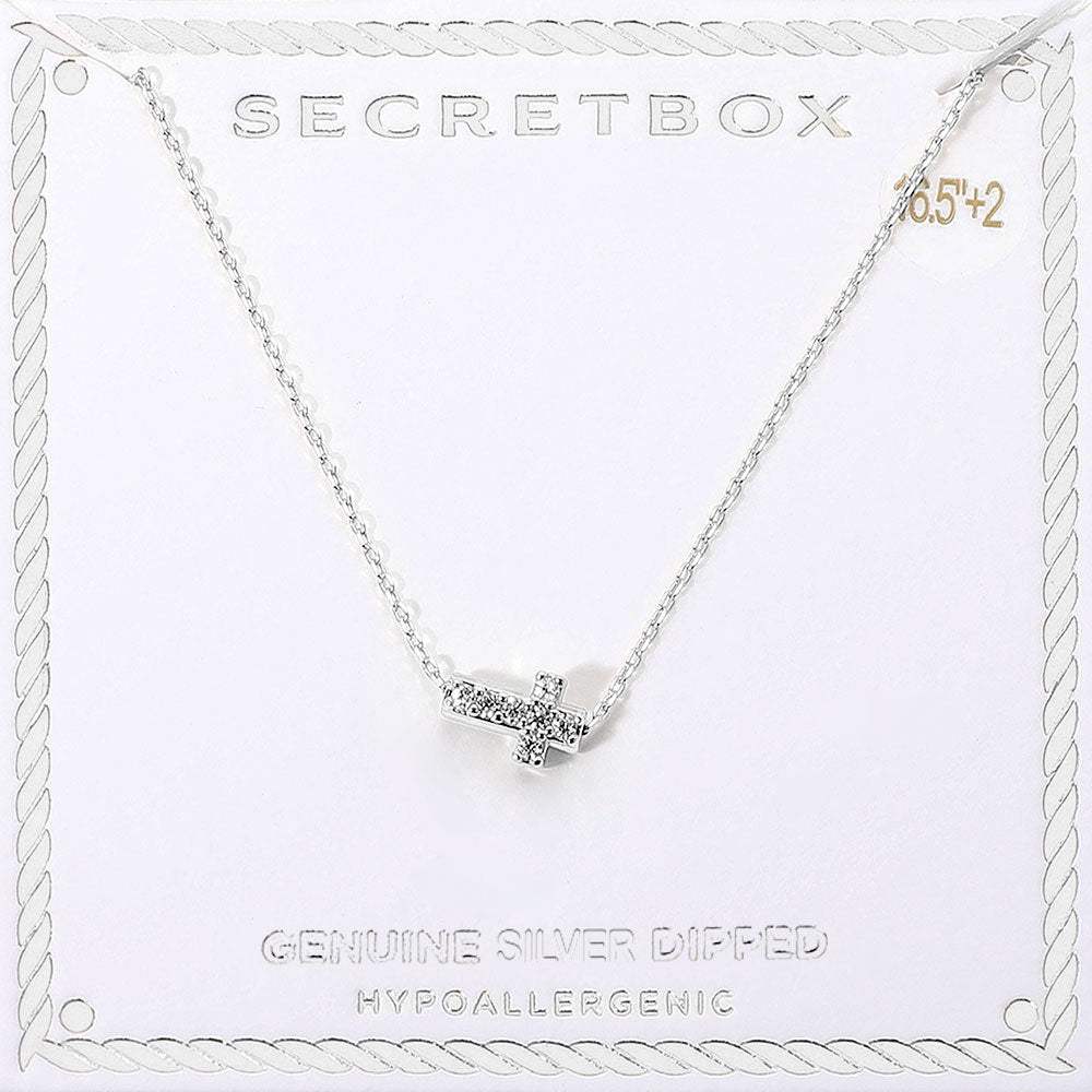SECRET BOX_Genuine Silver Dipped Hypoallergenic Stone Paved Cross Pendant Necklace - Madeline Love - Flyclothing LLC