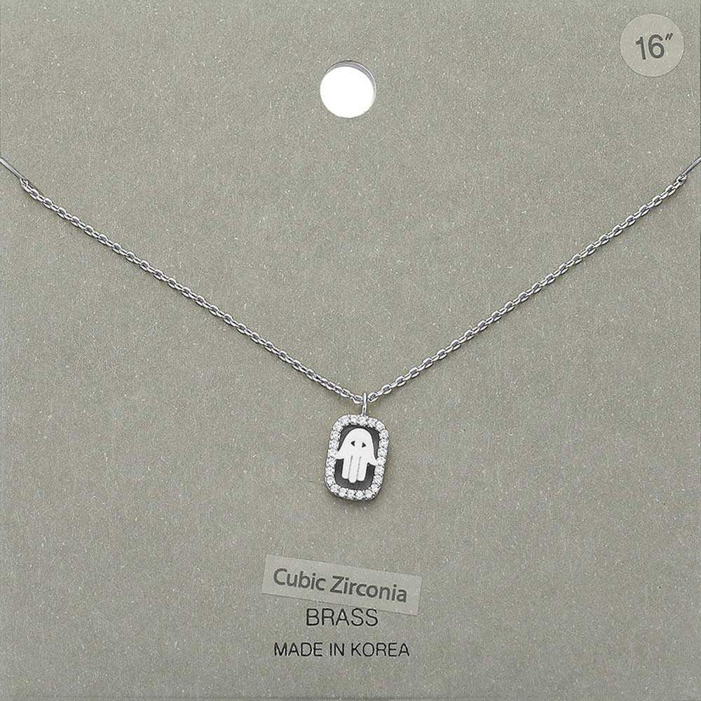 CZ Embellished Brass Metal Hamsa Hand Pendant Necklace - Madeline Love - Flyclothing LLC