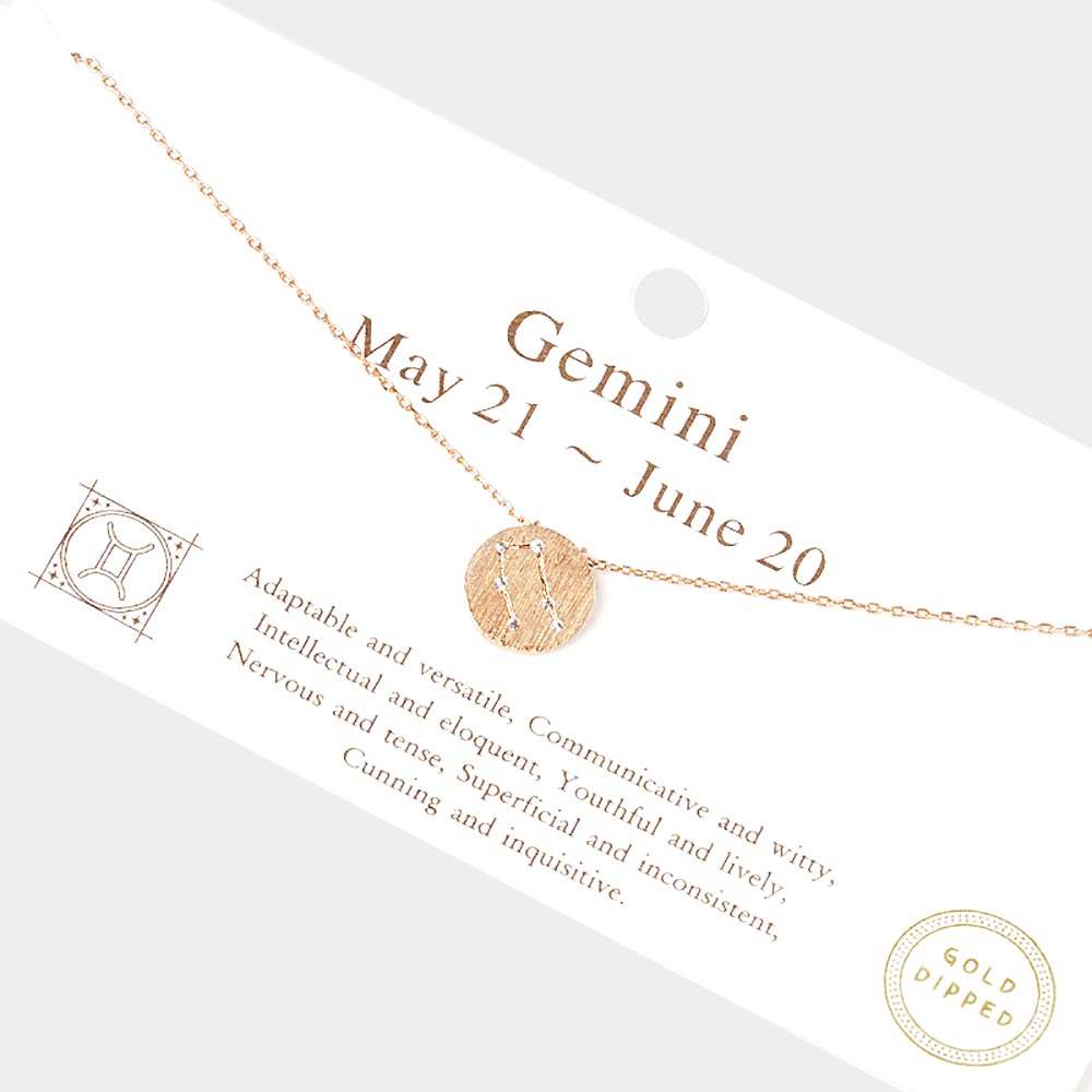 Gemini Gold Dipped CZ Zodiac Sign Metal Disc Pendant Necklace - Madeline Love - Flyclothing LLC