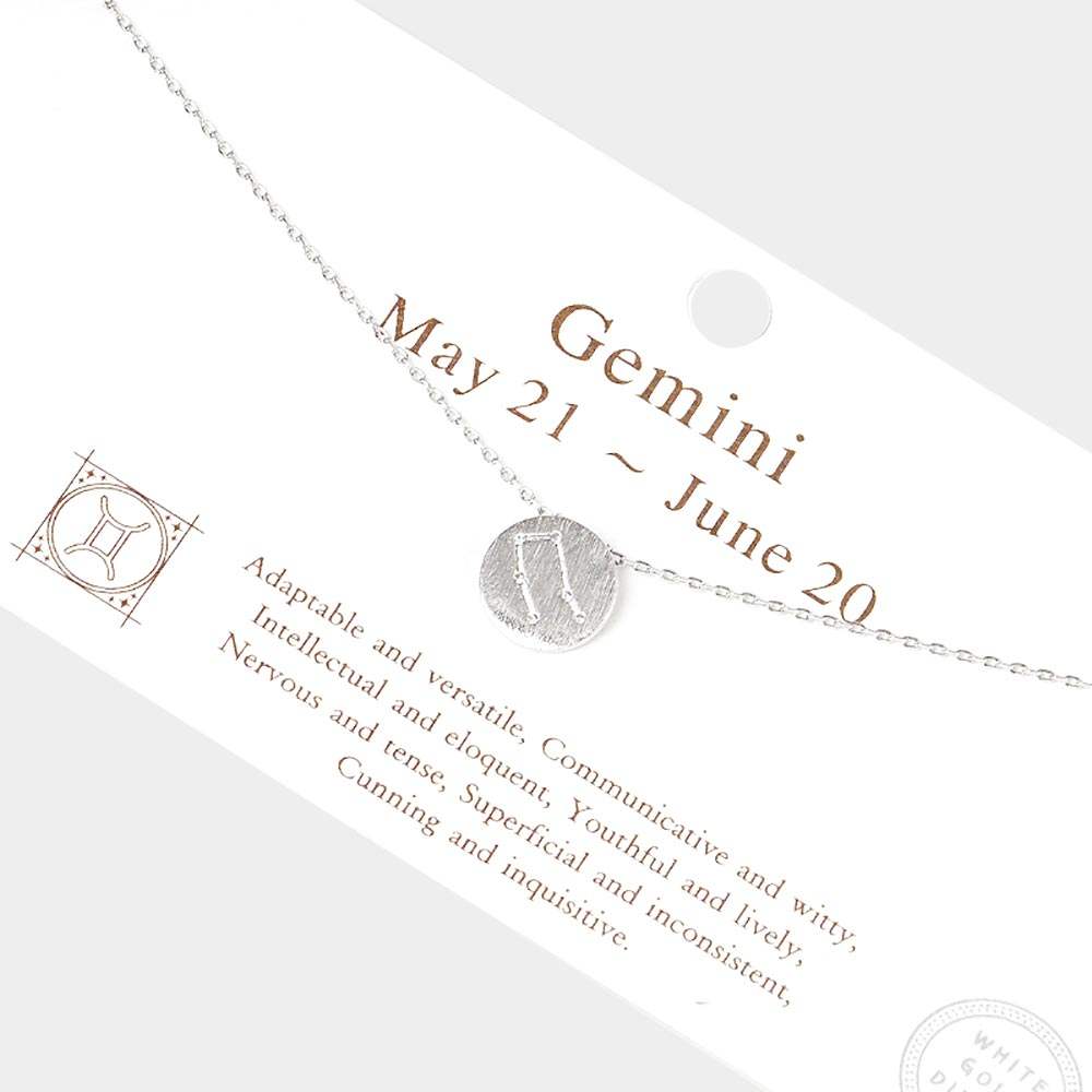 Gemini White Gold Dipped CZ Zodiac Sign Metal Disc Pendant Necklace - Madeline Love - Flyclothing LLC