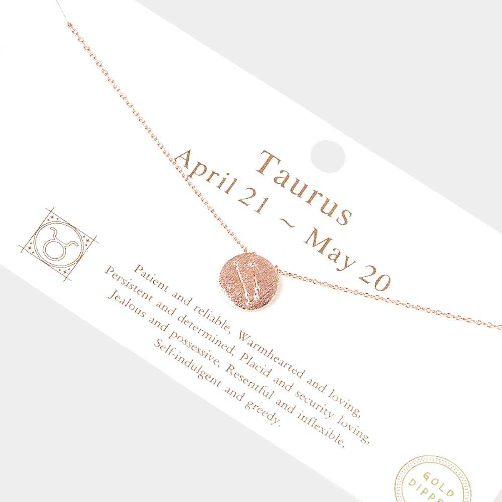 Taurus Gold Dipped CZ Zodiac Sign Metal Disc Pendant Necklace - Madeline Love - Flyclothing LLC