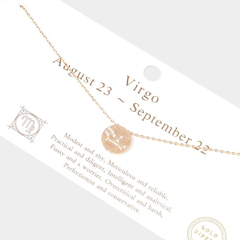Virgo Gold Dipped CZ Zodiac Sign Metal Disc Pendant Necklace - Madeline Love - Flyclothing LLC