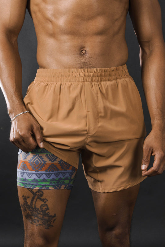 The Casual Thigh Day | Khaki Aztec Ball Hammock® 7 Inch Athletic Shorts - Shinesty