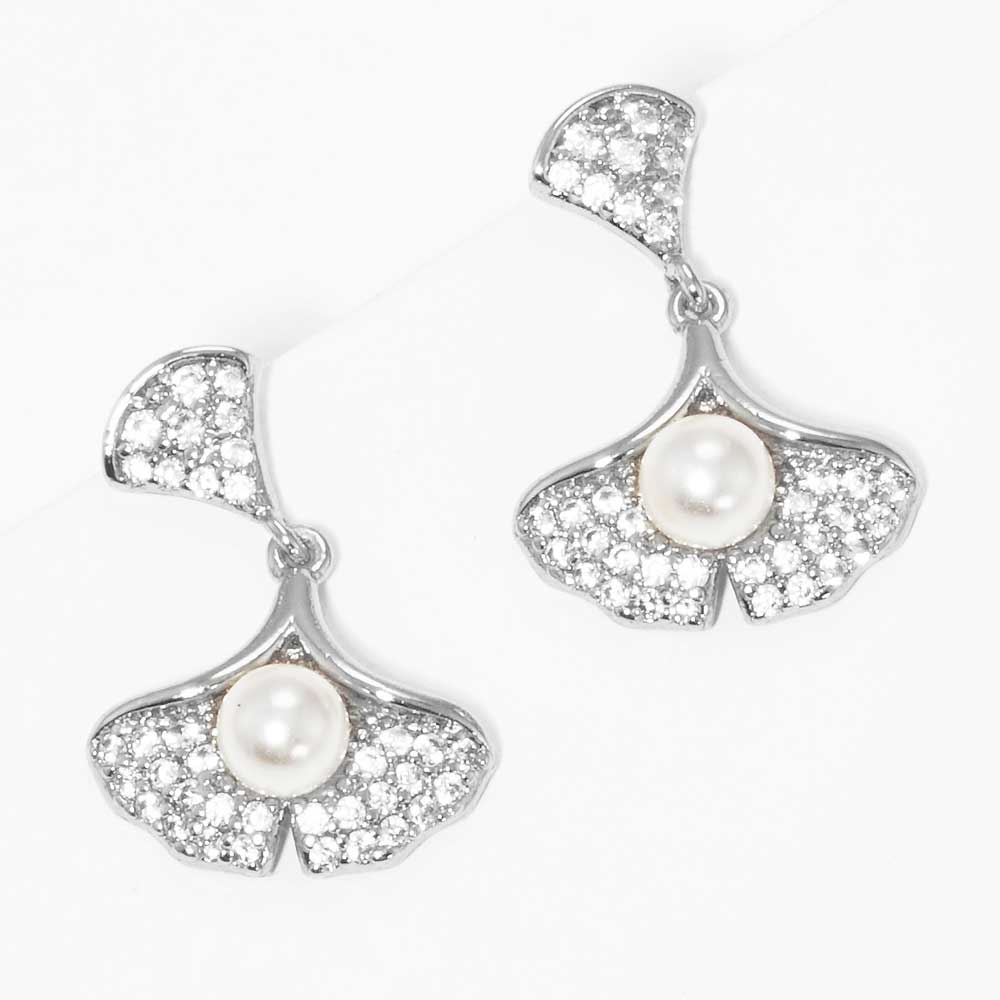 Pearl Accented CZ White Gold Dipped Ginkgo Leaf Dangle Earrings - Madeline Love - Flyclothing LLC