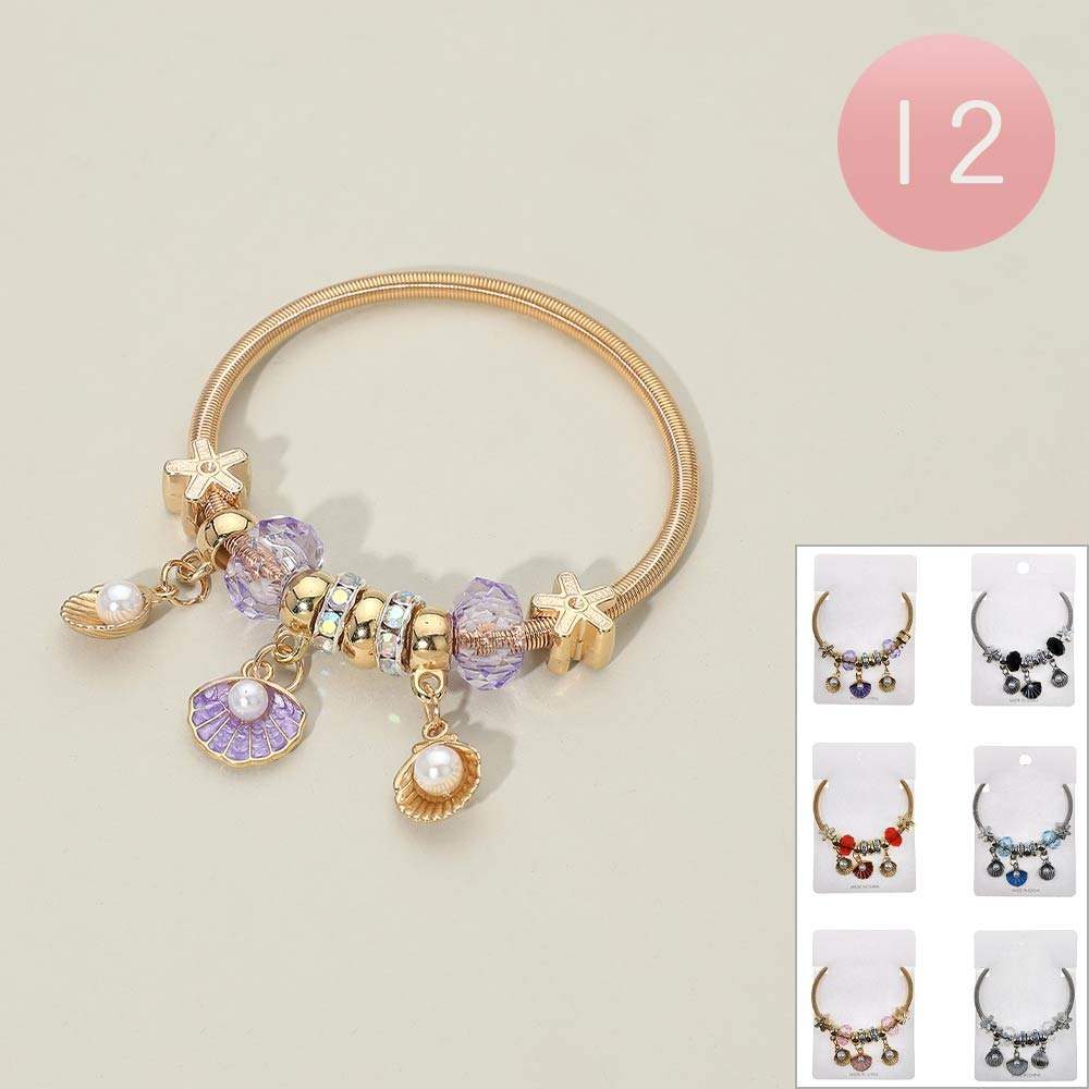 12PCS - Pearl Accent Shell Charm Starfish Beaded Stretch Bracelets - Madeline Love - Flyclothing LLC