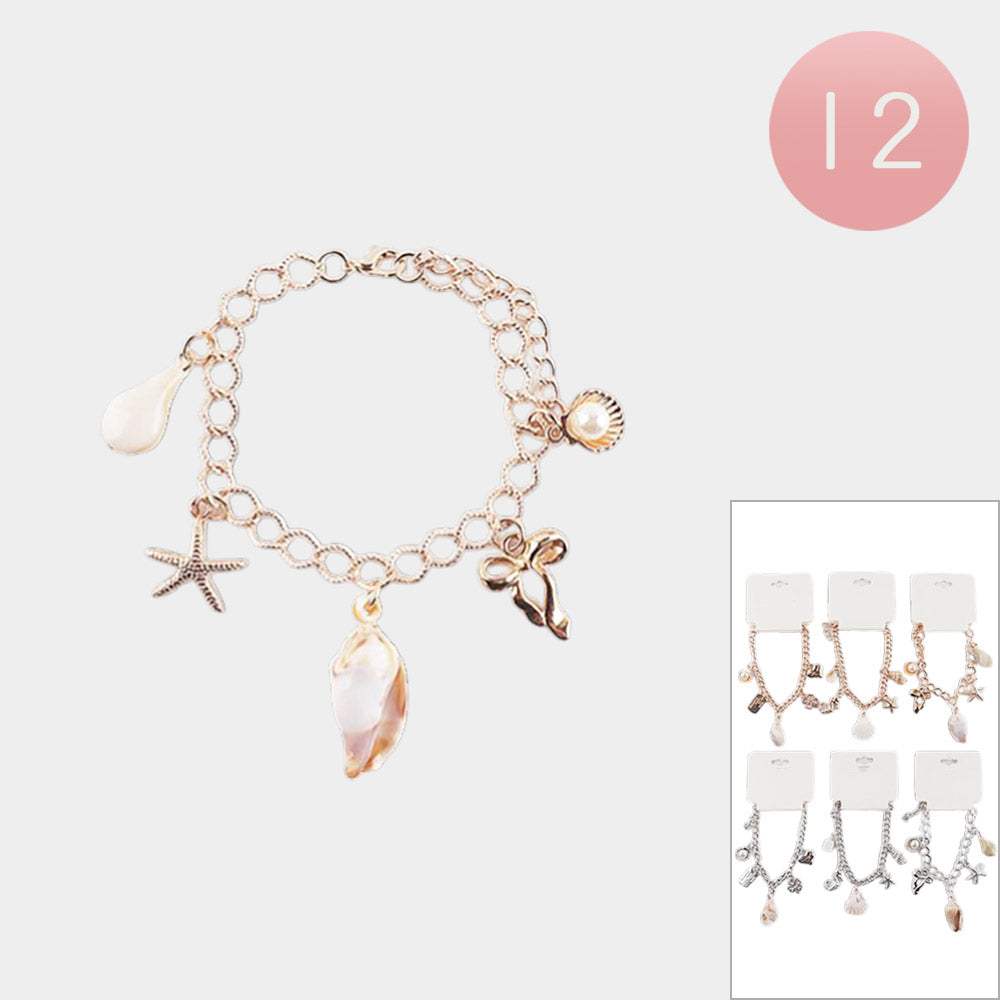 12PCS - Pearl Shell Starfish Bow Charm Station Bracelets - Madeline Love - Flyclothing LLC