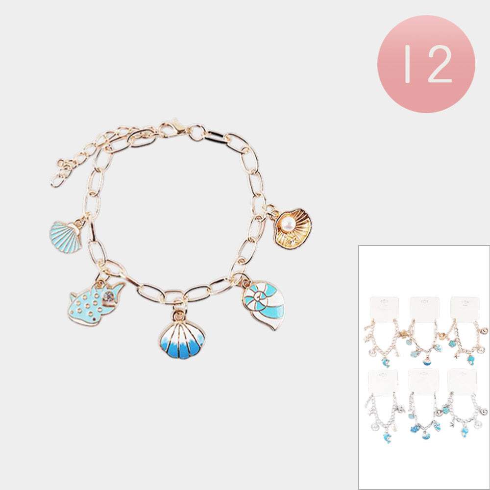 12PCS - Ocean Seashell Charm Station Bracelets - Madeline Love - Flyclothing LLC