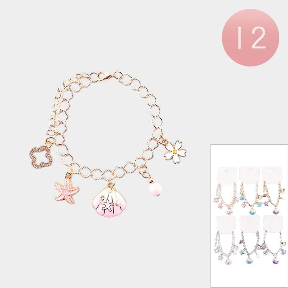 12PCS - Quatrefoil Starfish Shell Flower Charm Station Bracelets - Madeline Love - Flyclothing LLC