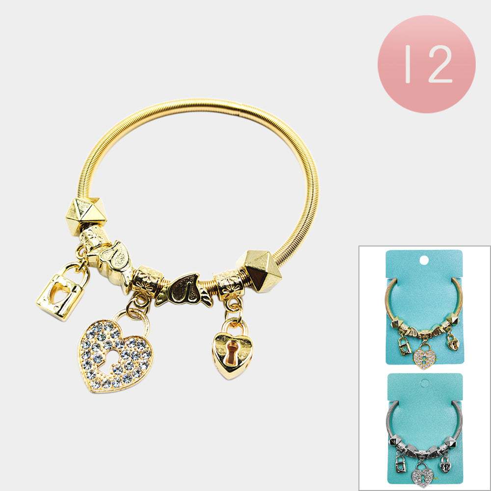 12PCS - Heart Lock Charm Multi Beads Beaded Stretch Bracelet - Madeline Love - Flyclothing LLC