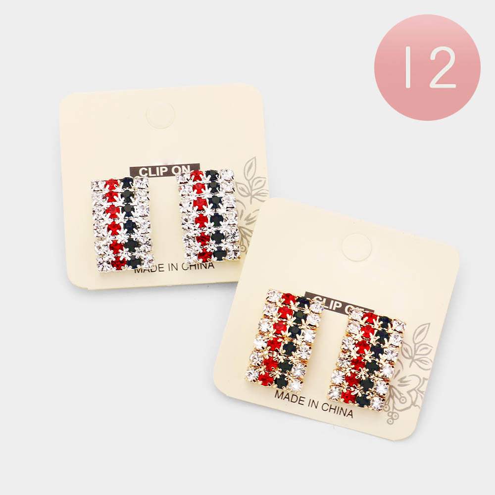 12Pairs - Color Block Rhinestone Rectangle Clip on Earrings - Madeline Love - Flyclothing LLC