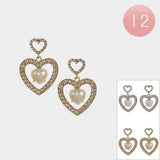 12Pairs - Heart Pearl Pointed Stone Paved Open Heart Dangle Earrings - Madeline Love - Flyclothing LLC