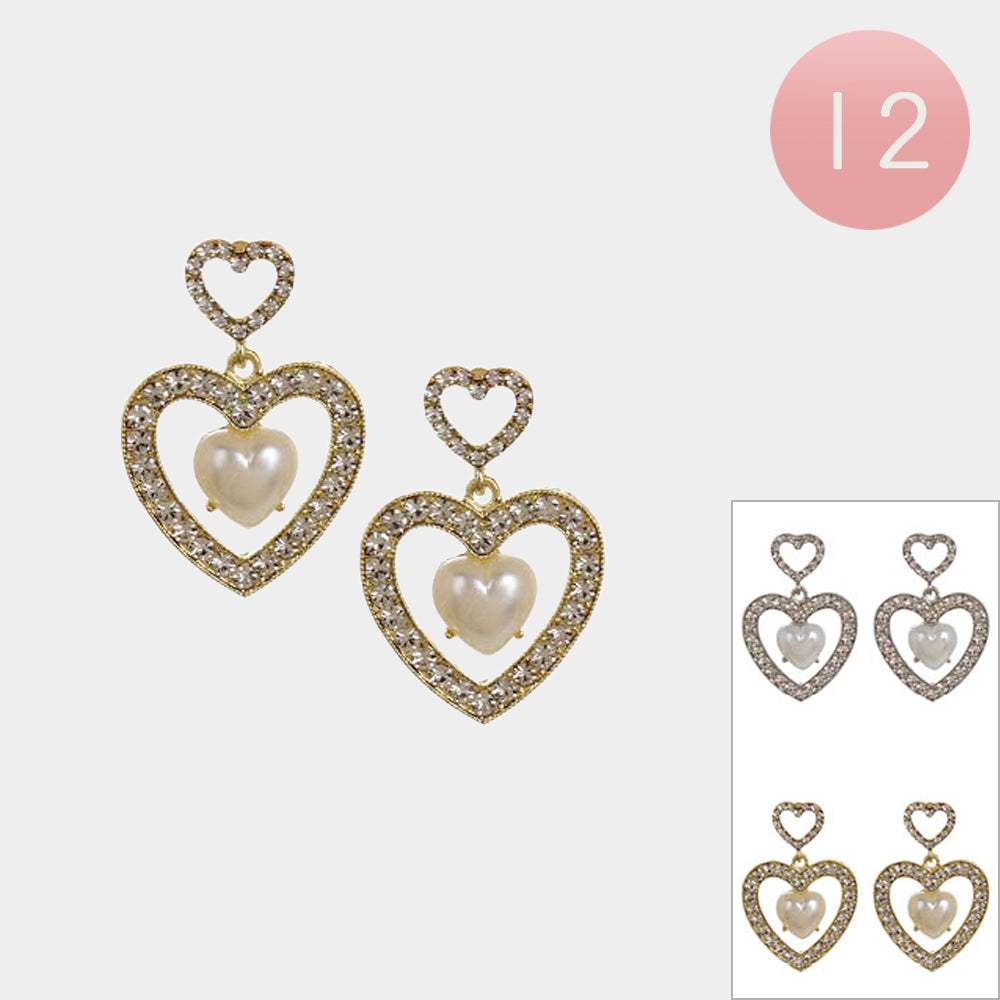 12Pairs - Heart Pearl Pointed Stone Paved Open Heart Dangle Earrings - Madeline Love - Flyclothing LLC