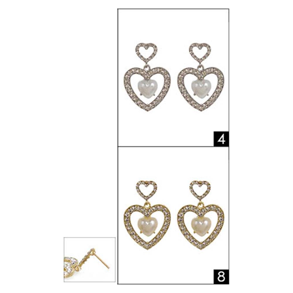12Pairs - Heart Pearl Pointed Stone Paved Open Heart Dangle Earrings - Madeline Love - Flyclothing LLC