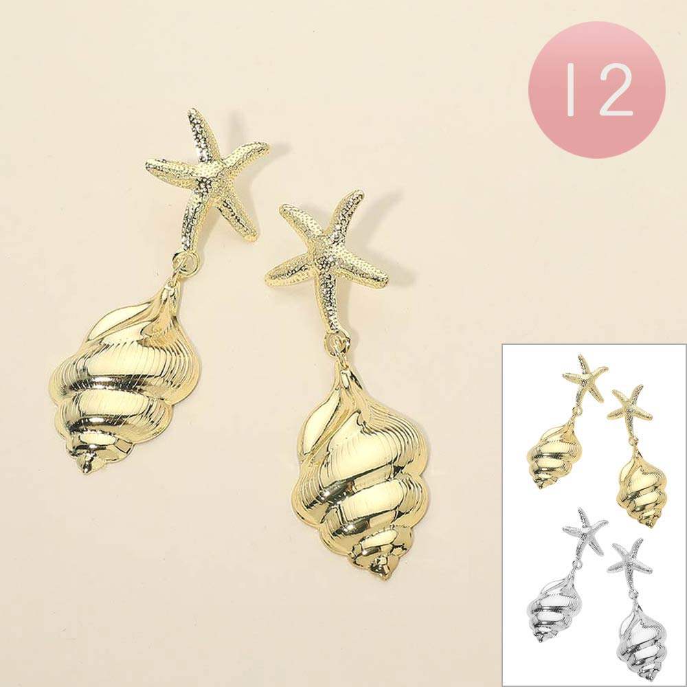 12Pairs - Metal Starfish Accent Shell Drop Earrings - Madeline Love - Flyclothing LLC