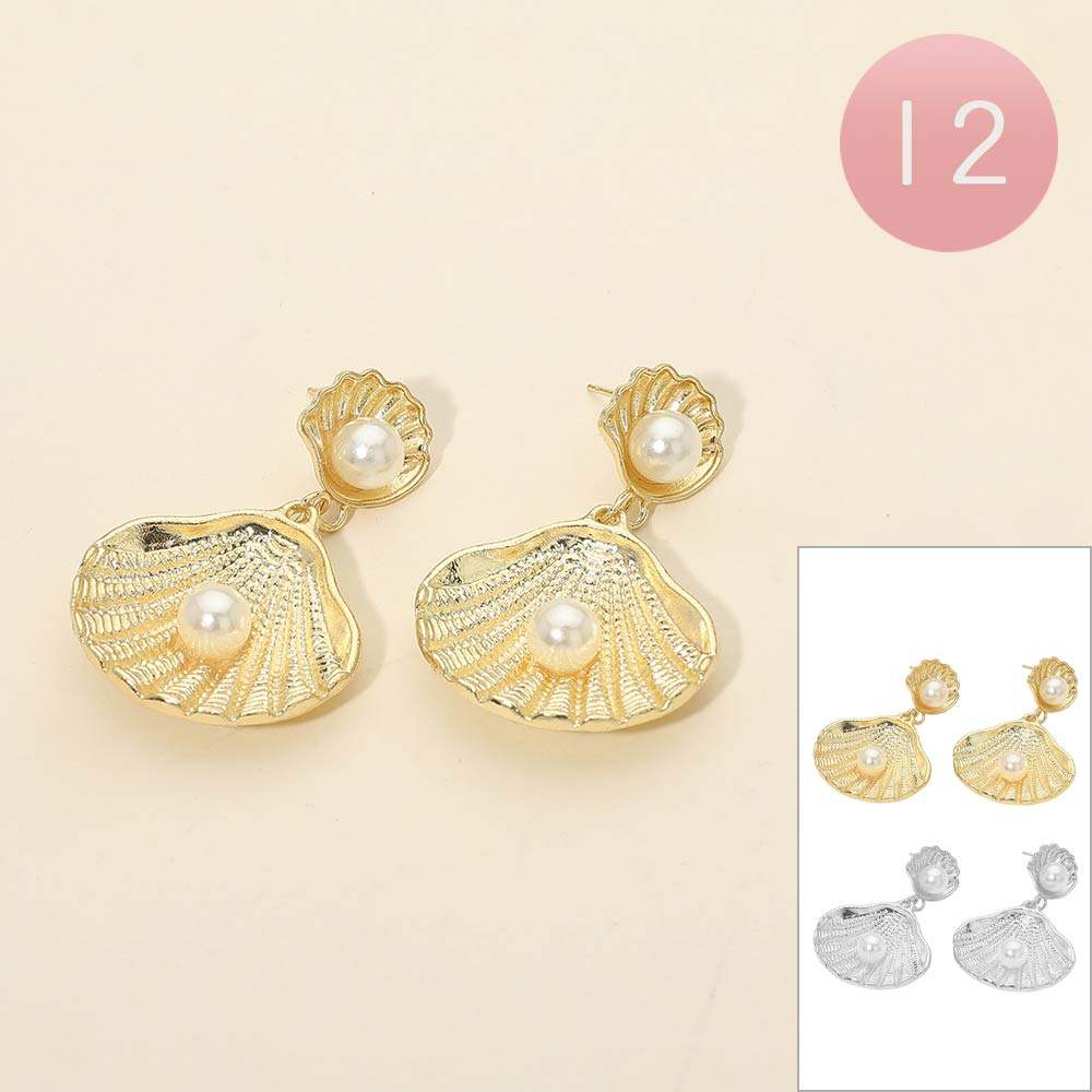 12Pairs - Pearl Accent Textured Shell Drop Earrings - Madeline Love - Flyclothing LLC