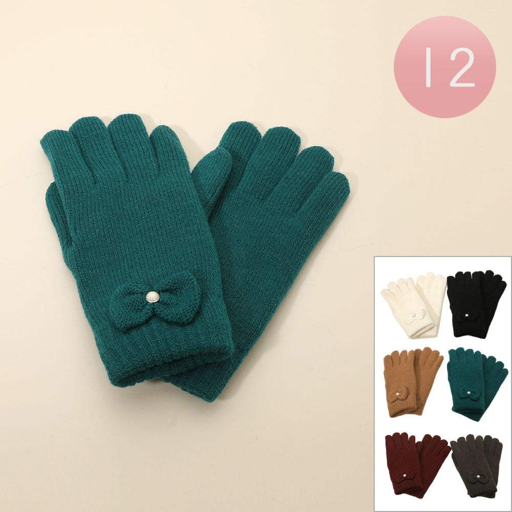 12Pairs - Cable Knit Bow Detail Fleece Lining Gloves - Madeline Love - Flyclothing LLC