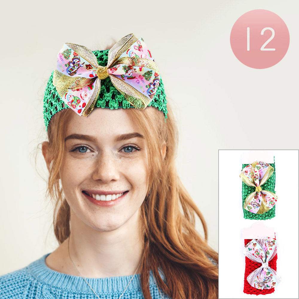 12PCS - Christmas Tree Snowman Printed Bow Accented Headbands - Madeline Love - Flyclothing LLC