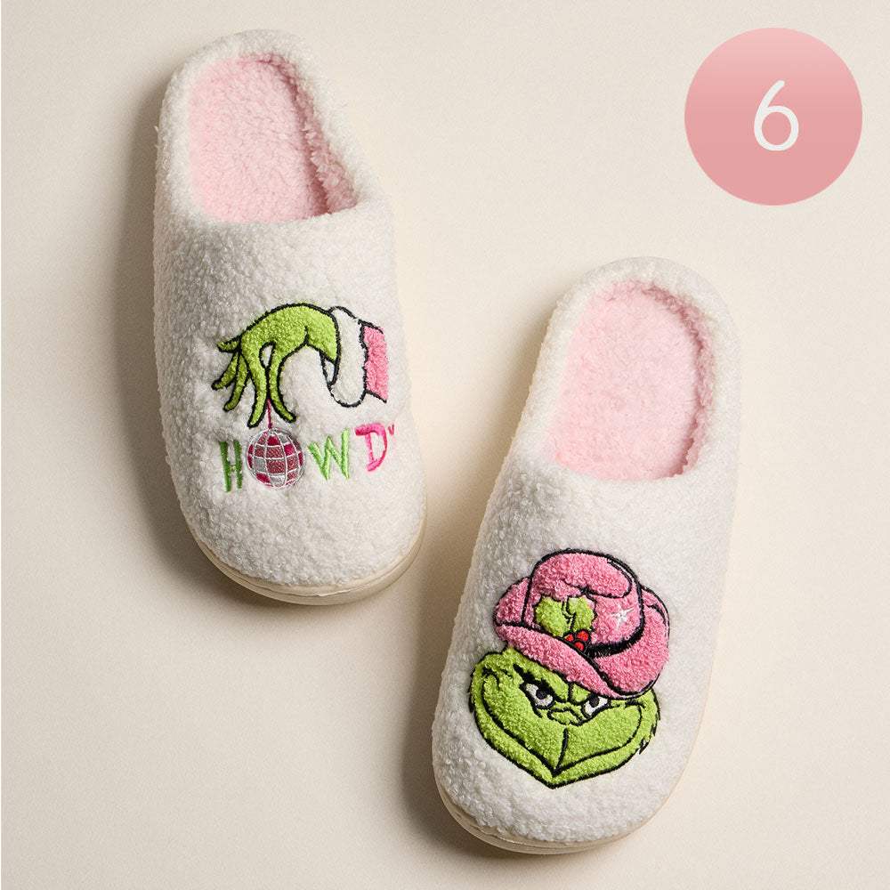 6Pairs - Howdy Western Grinch Green Monster Holiday Indoor Slippers - Madeline Love - Flyclothing LLC