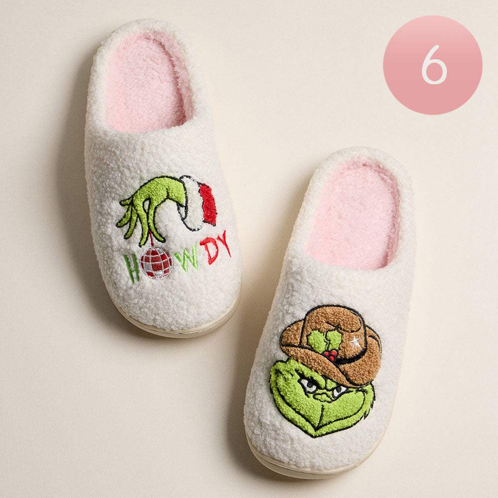 6Pairs - Howdy Western Grinch Green Monster Holiday Indoor Slippers - Madeline Love - Flyclothing LLC