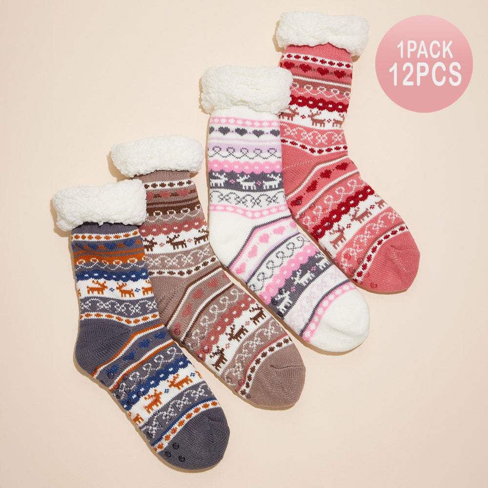 12Pairs - Fuzzy Sherpa Cuff Christmas Pattern Socks - Madeline Love - Flyclothing LLC