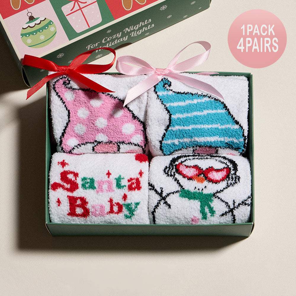 4Pairs - Cute Gnome Santa Baby Message Snowman Christmas Bundle Gift Socks Set - Madeline Love - Flyclothing LLC