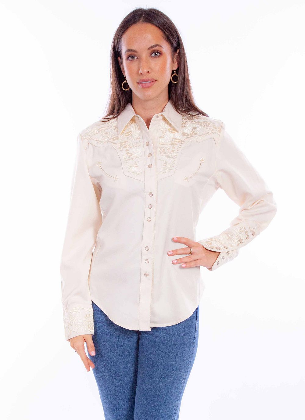 Scully Leather Western Ivory Floral Embroidered Shirt