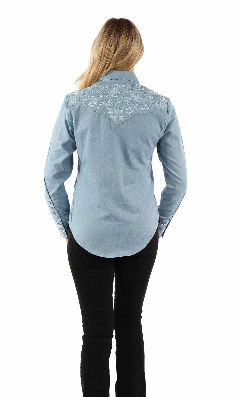 western scully light blue 35% rayon 65% polyester floral tooled emb. blouse - Scully Leather - Flyclothing LLC